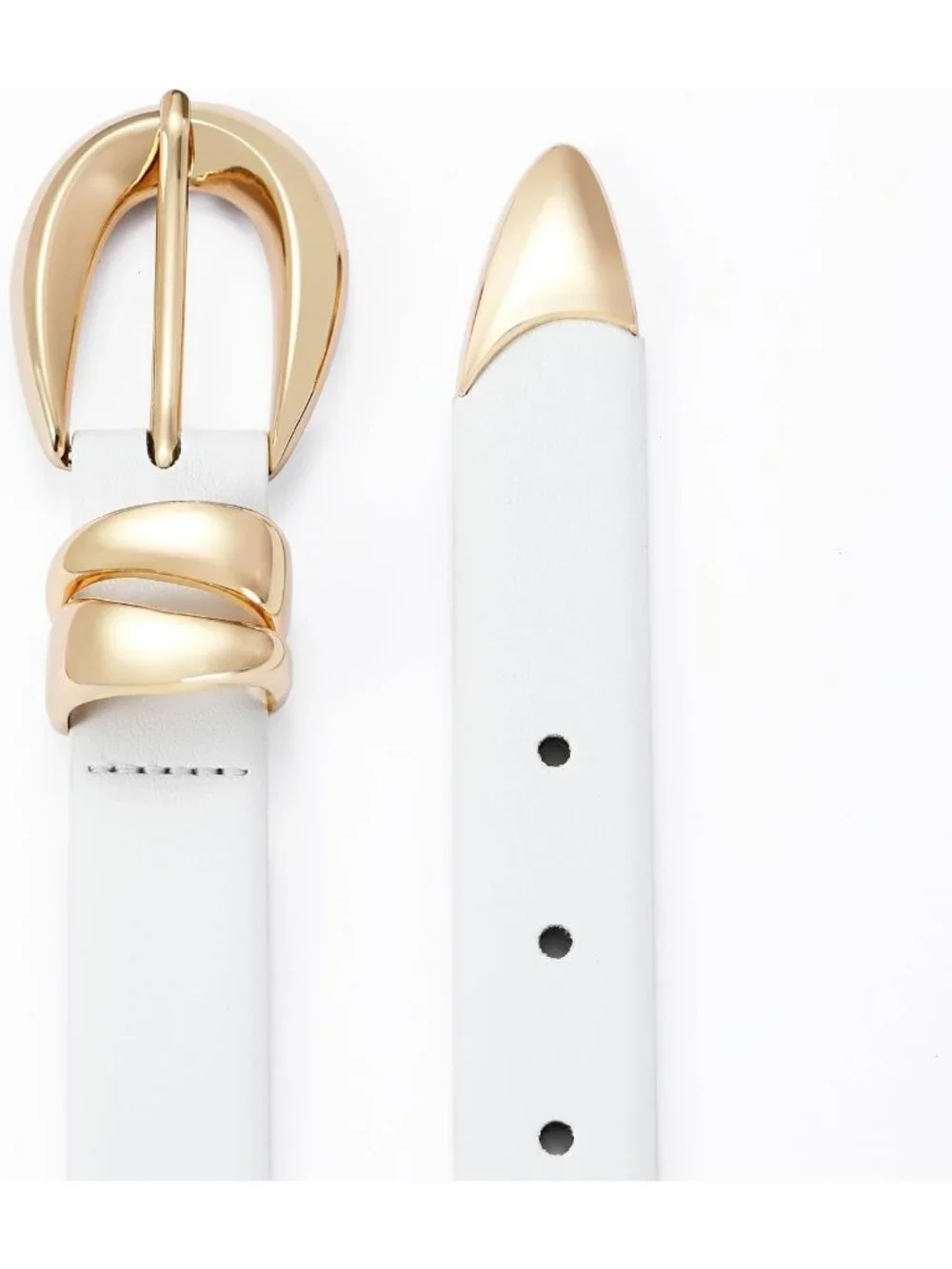 Women's White Leather Adjustable Waist Belt For Jeans Dresses With Gold Buckle